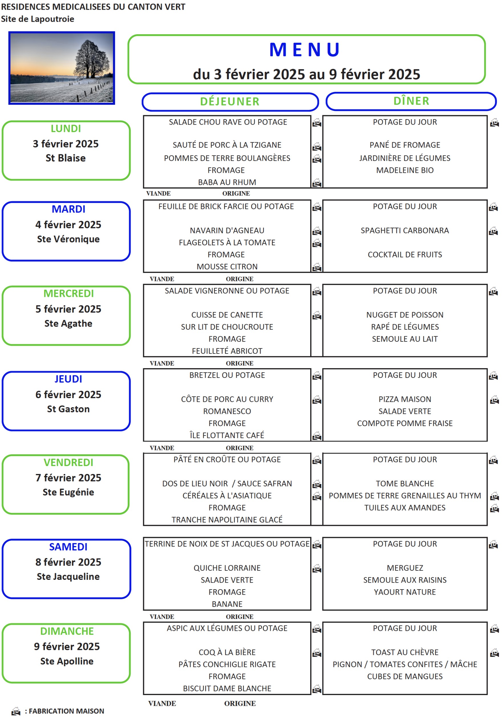 Menu du 03 au 9 Février 2025