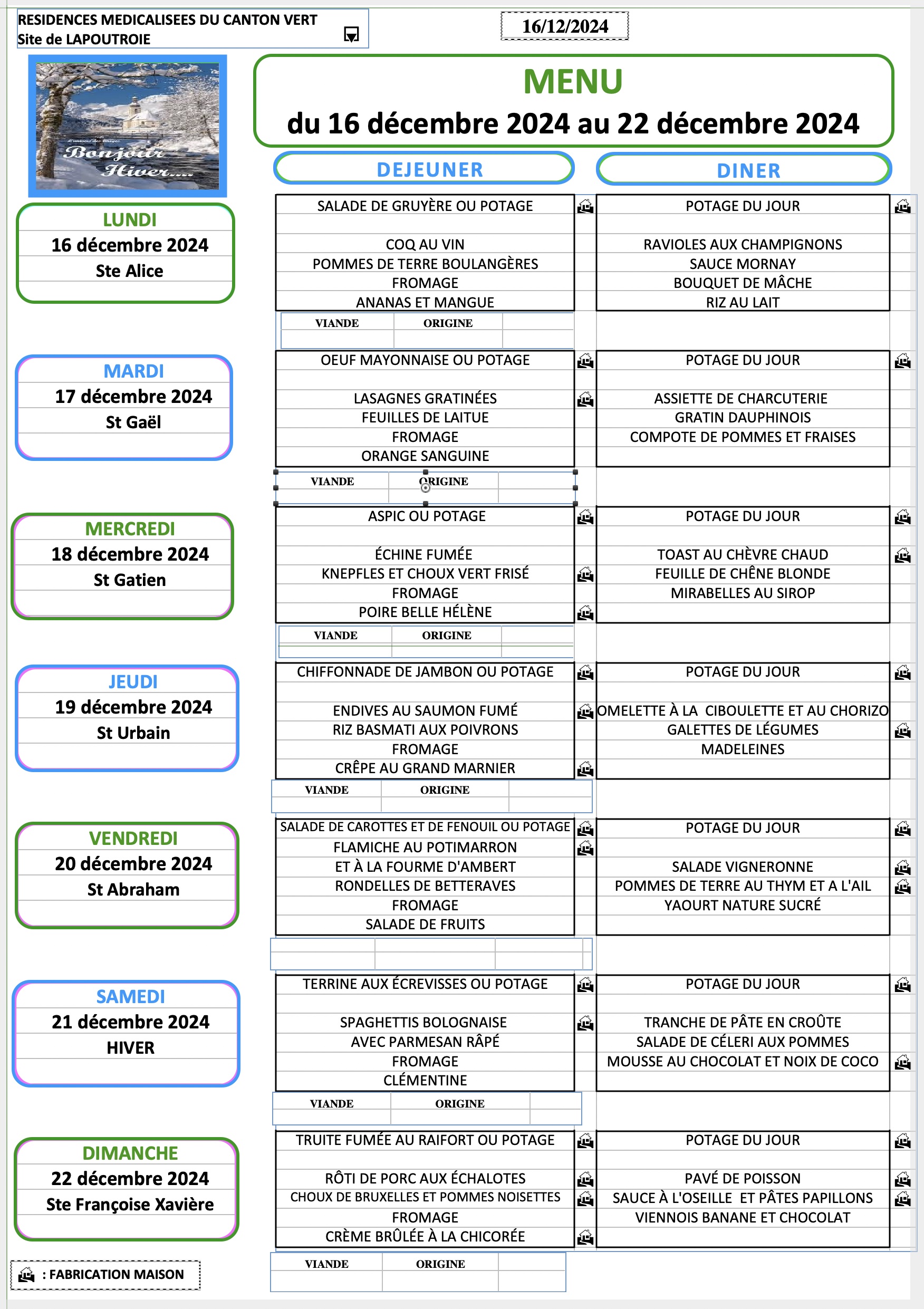 Menu du 16 au 22 Décembre 2024