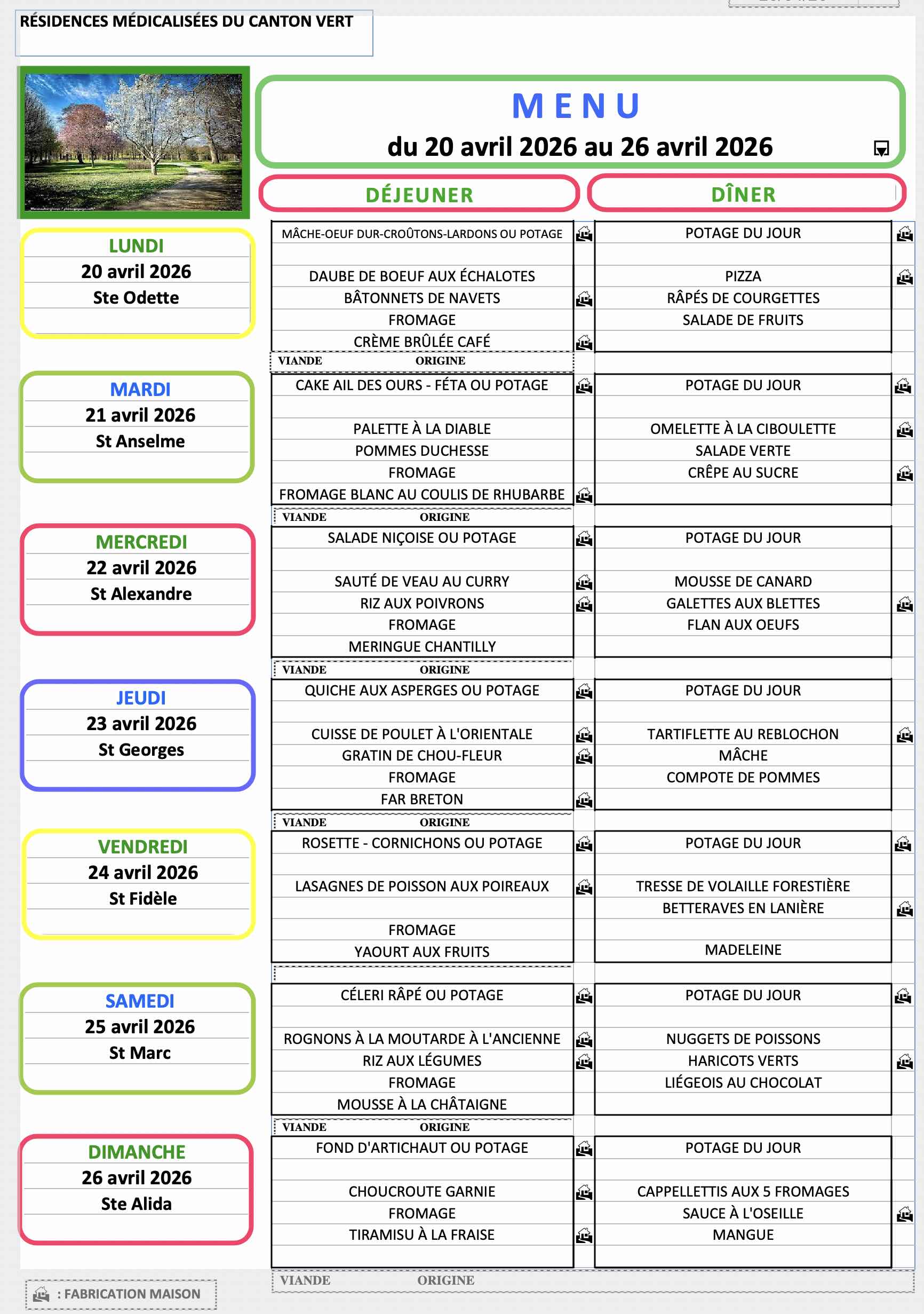 Menu du 20 au 26 Avril 2026