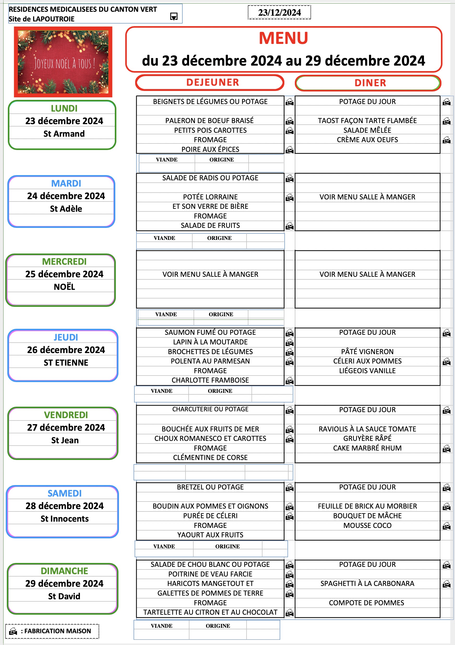 Menu du 23 au 29 Décembre 2024