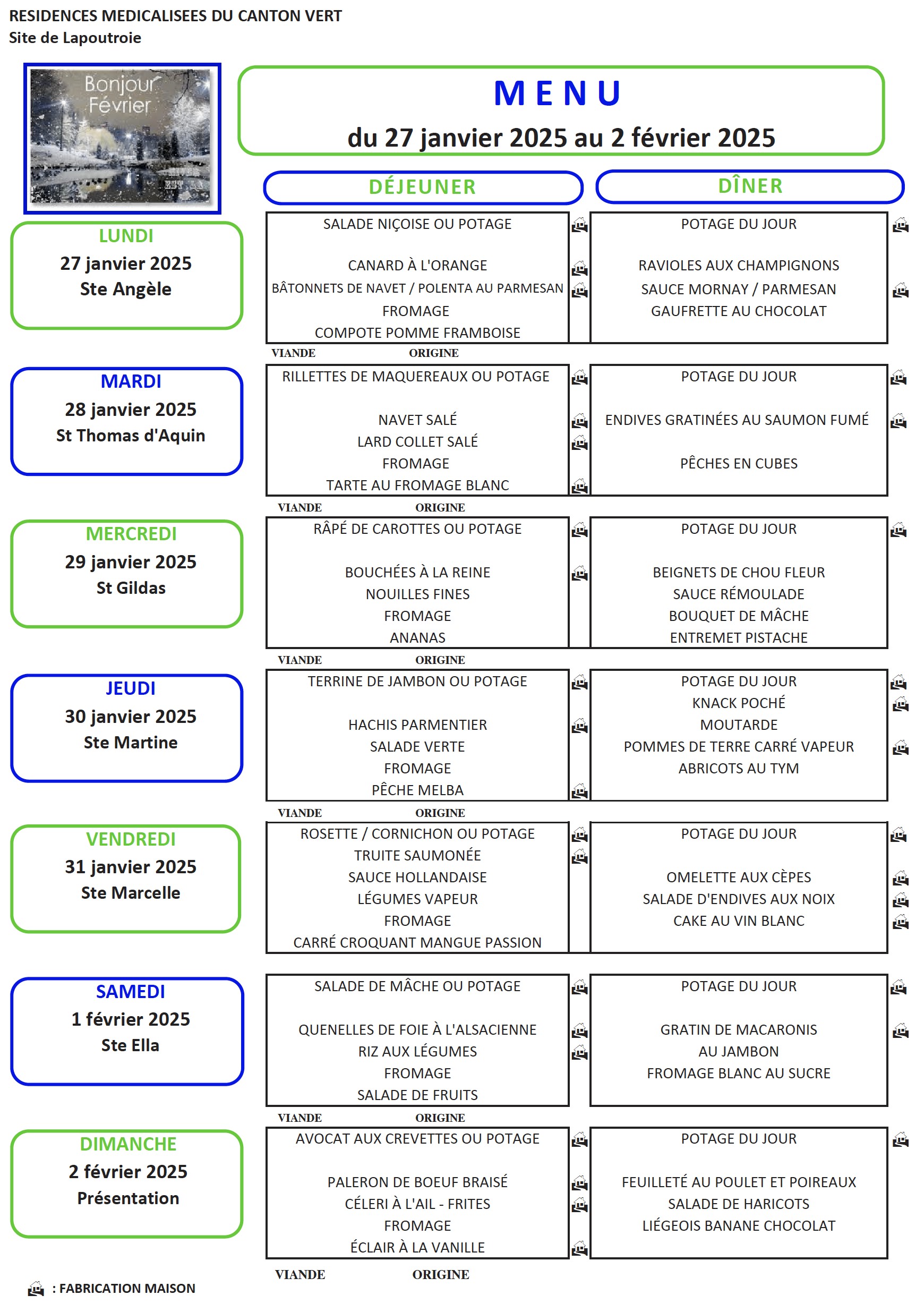 Menu du 27 Janvier au 02 Février 2025