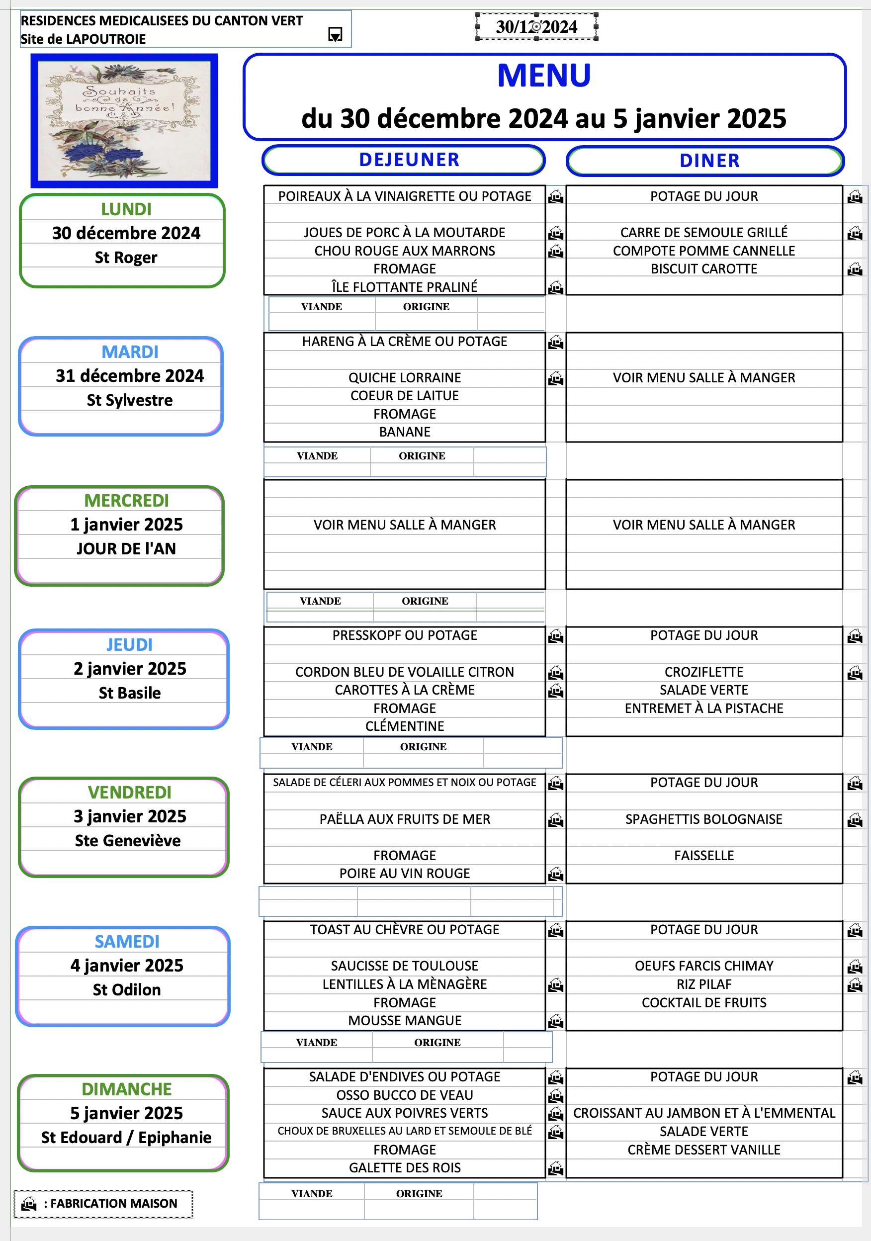 Menu du 30 Décembre 2024 au 05 Janvier 2025 