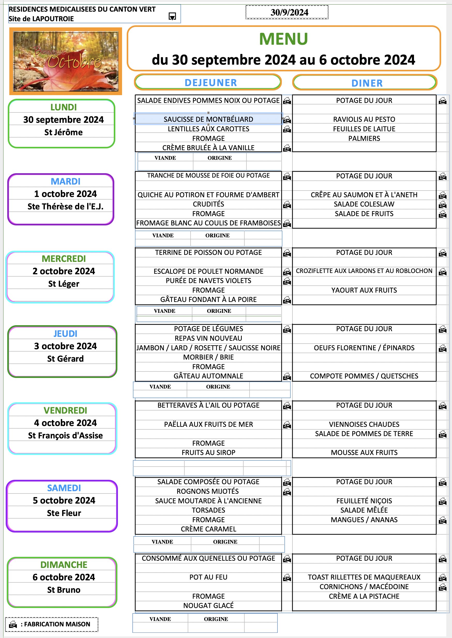 Menu du 30 septembre 2024 au 06 Octobre 2024