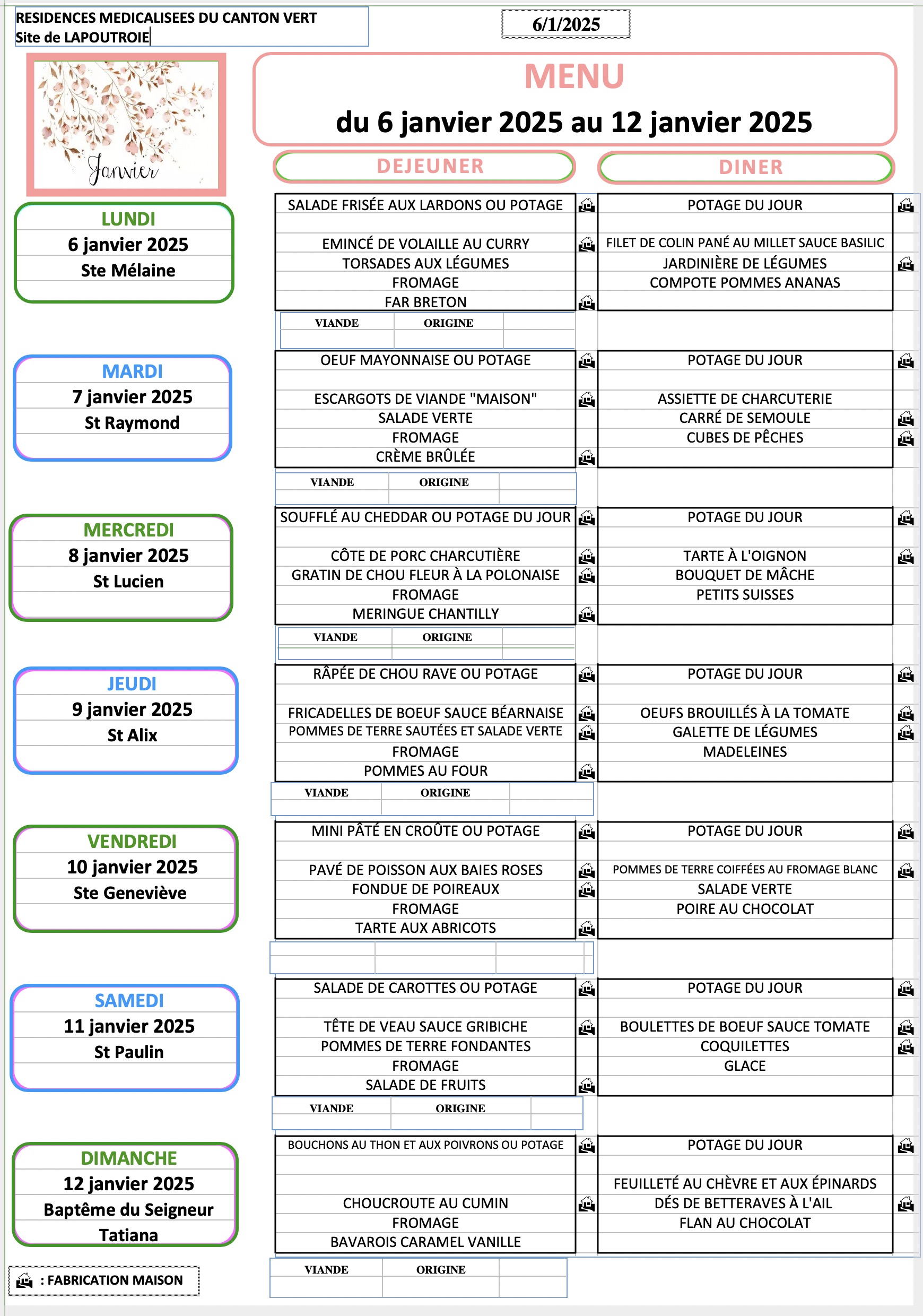 Menu du 6 au 12 Janvier 2025