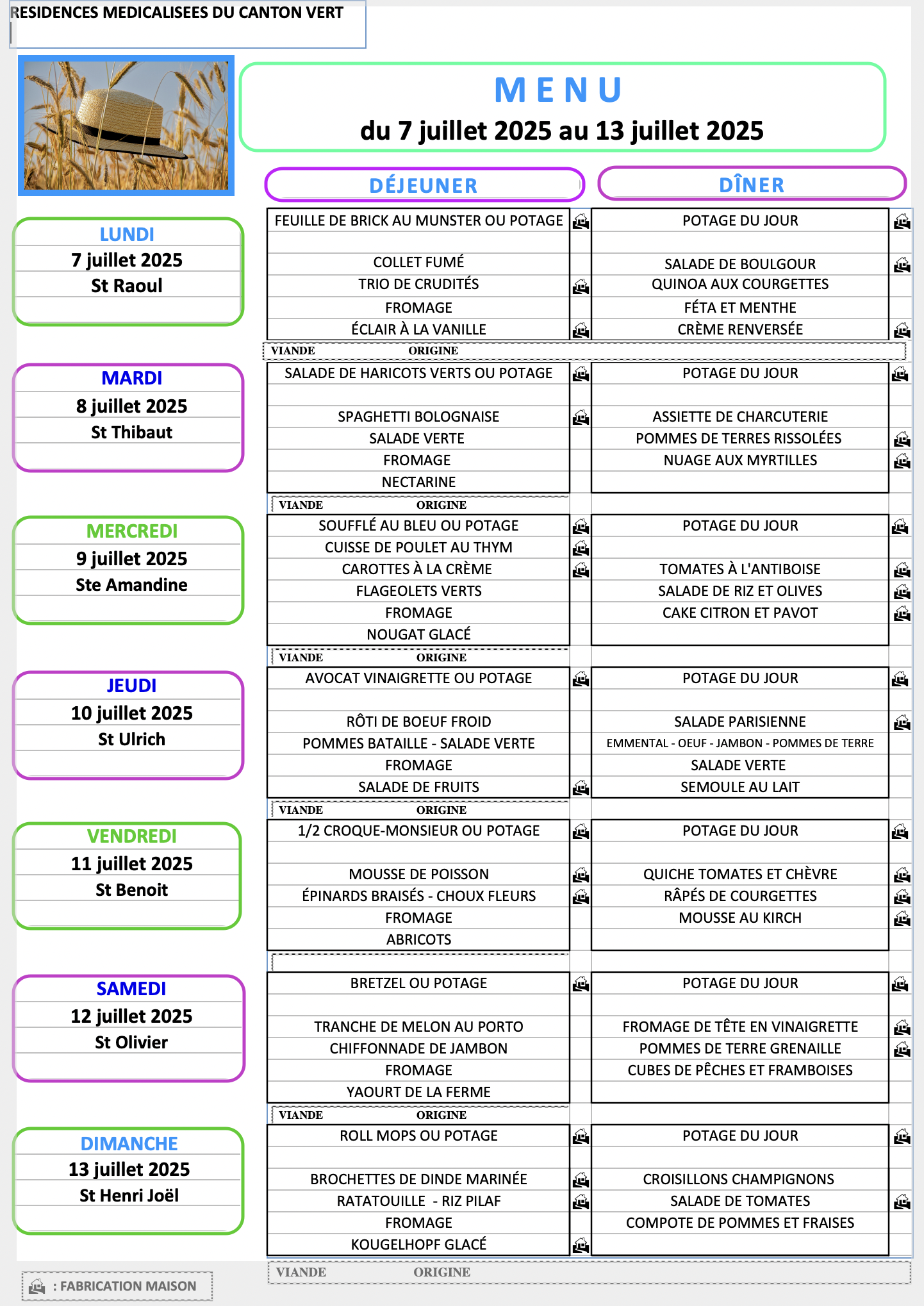 Menu du 7 au 13 Juillet 2025 