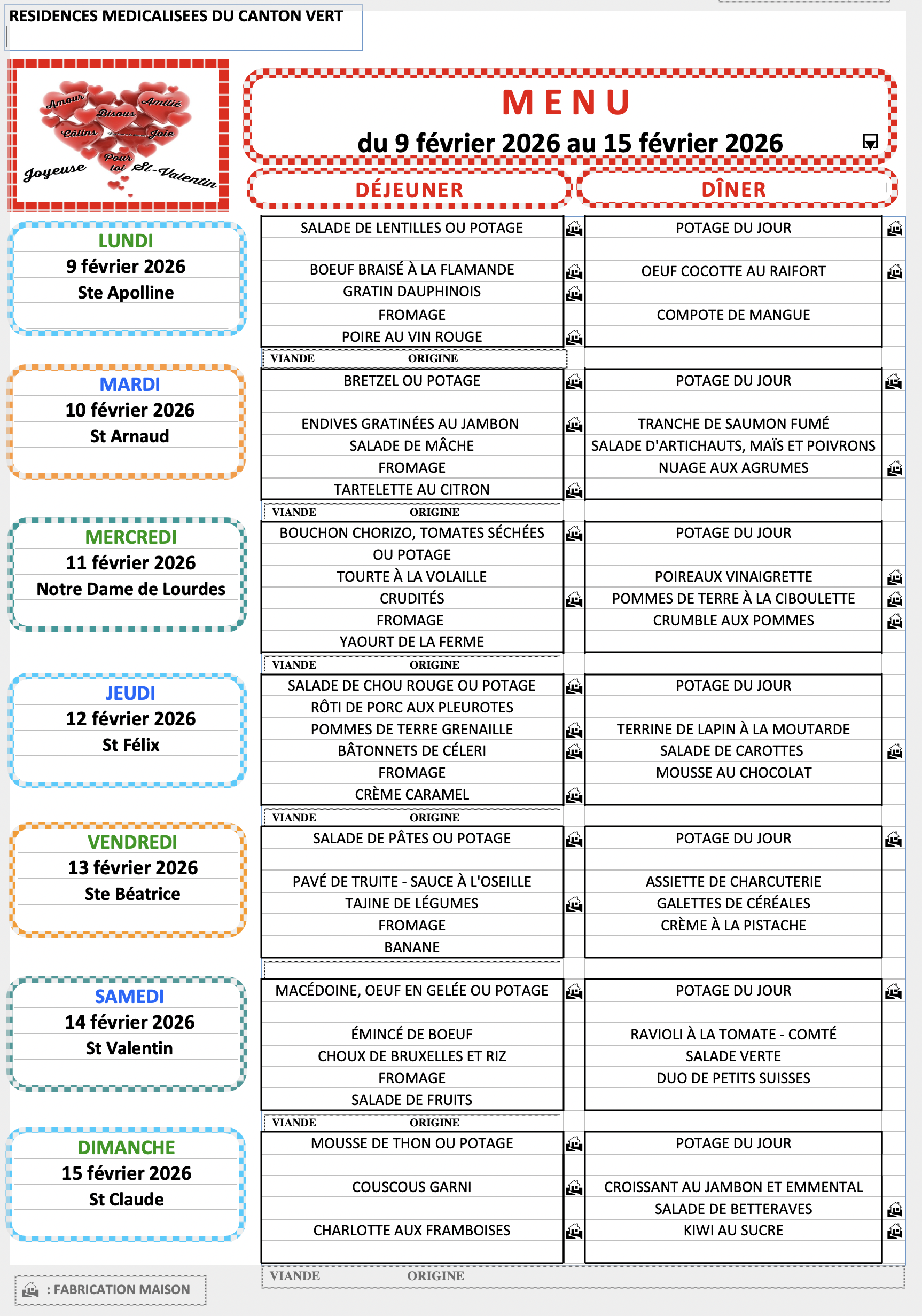 Menu du 9 au 15 Février 2026