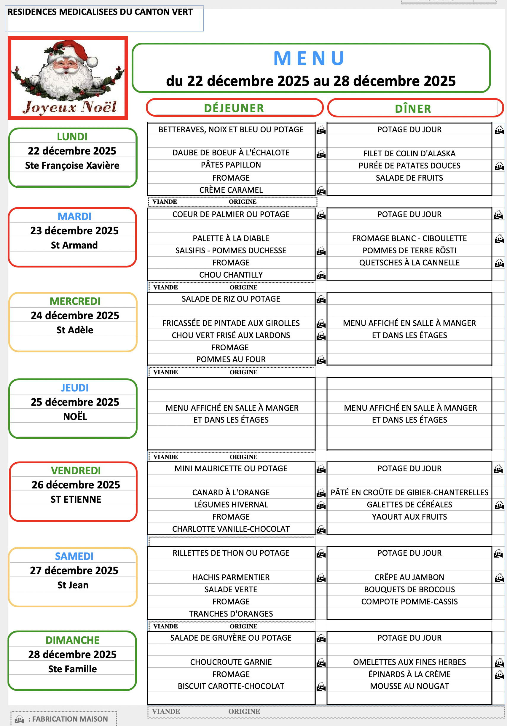Menu du 22 au 28 Décembre 2025 modifié